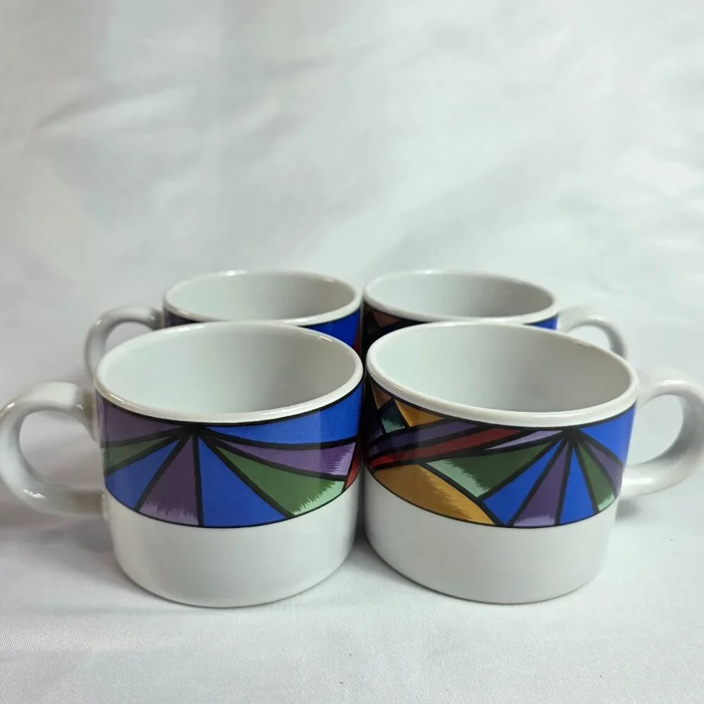FOUR Sakura Sunset Mountain Flat Cups White with Multicolor Border